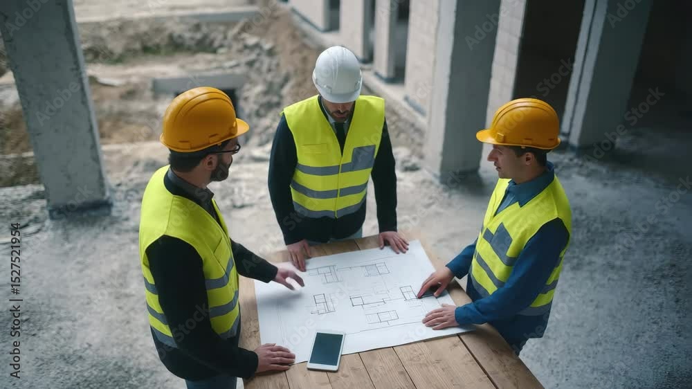 Engineers in vests and hard hats discuss construction plans at a site, pointing to drawings. Collaboration, planning, teamwork, and architecture. Video for construction and engineering themes