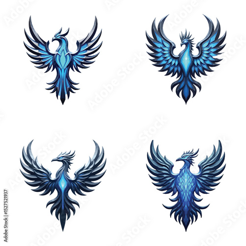 Blue Phoenix Bird Tattoo Emblem Set – Mythical Firebird Vector Icons with Tribal Wings

