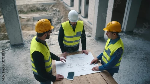 Engineers in vests and hard hats discuss construction plans at a site, pointing to drawings. Collaboration, planning, teamwork, and architecture. Video for construction and engineering themes