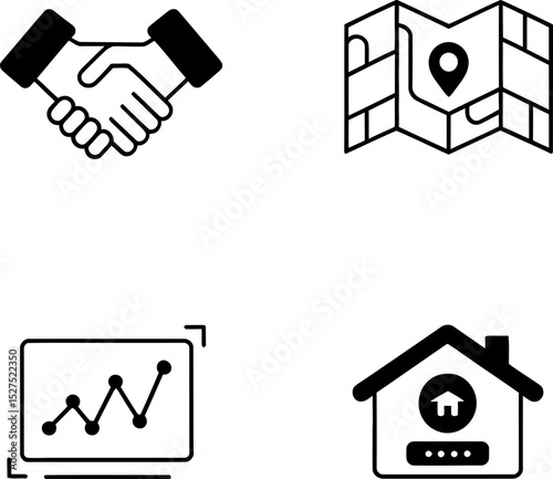 Modern real estate icons. Tall buildings, legal signing contract, secure documents, housing management visuals  