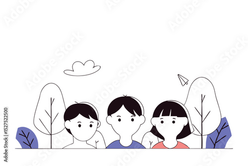 Three cheerful cartoon young friends illustration design featuring happy expressions and bright colors