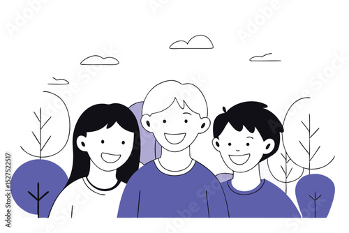 Three cheerful cartoon young friends illustration design featuring happy expressions and bright colors