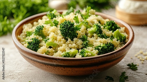 Healthy quinoa salad with broccoli on a light background promoting nutritious eating and appetite control.