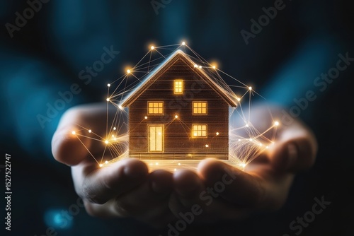 Creative representation of a digital house concept held by a person illustrating the connection between technology and home ownership