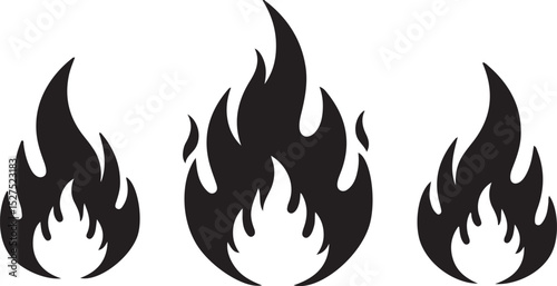 Fiery vector flame icons: hot, orange, and red symbols of burning power and danger