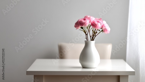 Minimalist design with a single vase containing pink roses on a white table with a soft background.