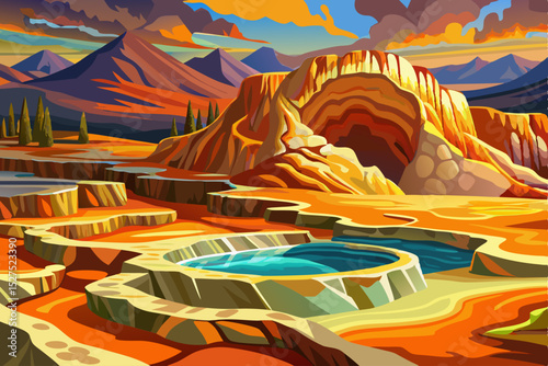Vector illustration of a geothermal hot spring nestled in a scenic mountain valley perfect for wellness themes, eco-tourism, and natural energy visuals