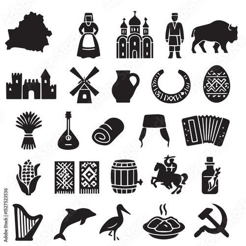 Belarusian culture and traditions illustrated in black silhouette vector icons
