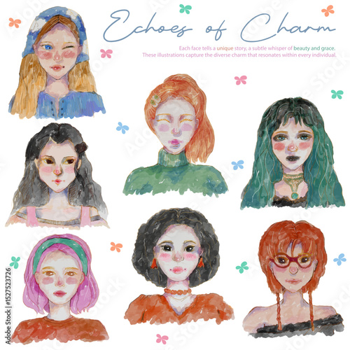 Echoes of Charm : A lovely watercolor illustration showcasing diverse female faces, each reflecting a unique story and individual beauty Illustration | Vector