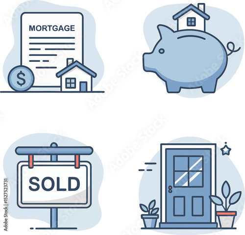 Sold property icon pack. Sold board sign, client door, success deal card and delivery visuals for transaction complete  