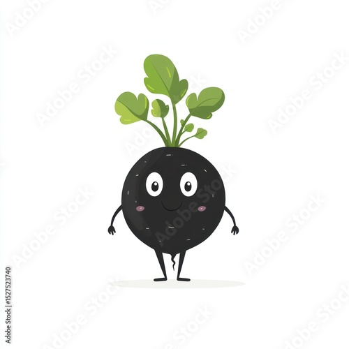 Cute cartoon black radish with green leaves
