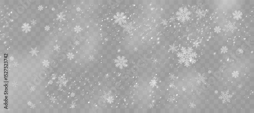 Snowflakes vary in form and symmetry. Storm-like sky filled with frosty debris. December overlays enhanced by flake diversity. Gray tones contrast with pure white snow.