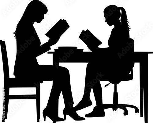 silhouette of a woman sitting at a table reading a book, sitting at a desk
