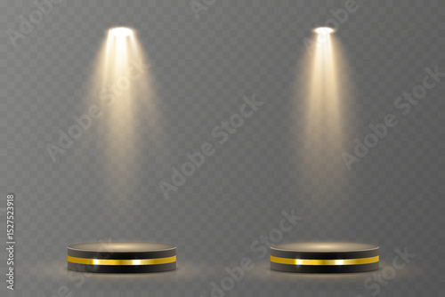Light beam shines directly with elegant symmetry. Projector glow suits concert and spotlight vector. Transparent reflection adds realism to scene. Studio lighting helps isolate presentation element.