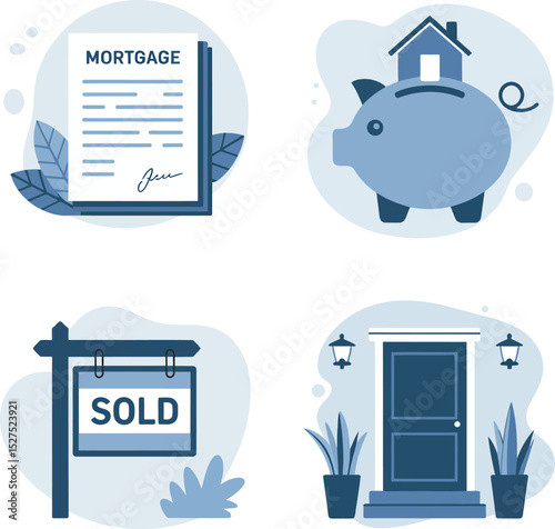 Mortgage and property icons. Housing loan file, contract paper, flat color piggy bank and money discussion points  