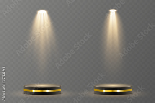 Vector spotlight arcs over center of stage. Spotlight glow highlights dramatic focal point. Multiple beams cross in synchronized balance. Reflected light enhances product pedestal look.