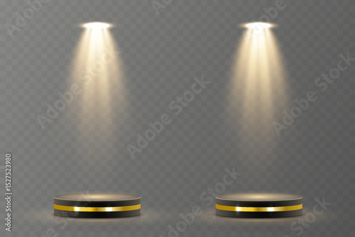 Light beam shines directly with elegant symmetry. Projector glow suits concert and spotlight vector. Transparent reflection adds realism to scene. Studio lighting helps isolate presentation element.