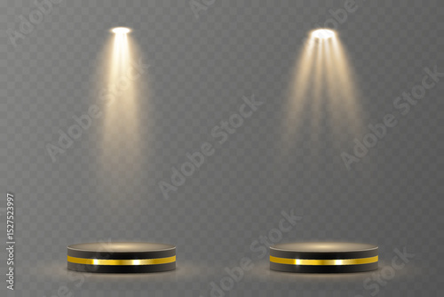 Vector spotlight arcs over center of stage. Spotlight glow highlights dramatic focal point. Multiple beams cross in synchronized balance. Reflected light enhances product pedestal look.