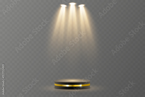 Light beam shines directly with elegant symmetry. Projector glow suits concert and spotlight vector. Transparent reflection adds realism to scene. Studio lighting helps isolate presentation element.