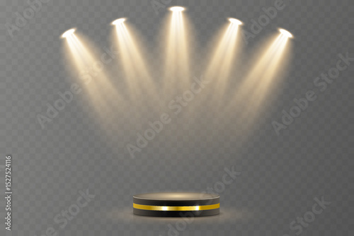 Light beam shines directly with elegant symmetry. Projector glow suits concert and spotlight vector. Transparent reflection adds realism to scene. Studio lighting helps isolate presentation element.