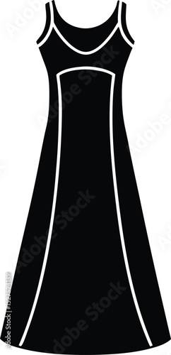Minimalist black maxi dress silhouette featuring white outlines on a white background