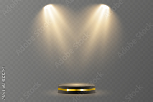 Light beam shines directly with elegant symmetry. Projector glow suits concert and spotlight vector. Transparent reflection adds realism to scene. Studio lighting helps isolate presentation element.