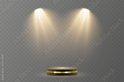 Light beam shines directly with elegant symmetry. Projector glow suits concert and spotlight vector. Transparent reflection adds realism to scene. Studio lighting helps isolate presentation element.