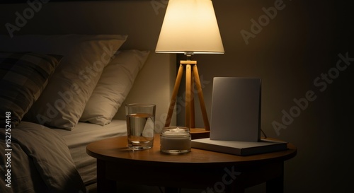 Cozy bedside table with lamp, water glass, and book at night  