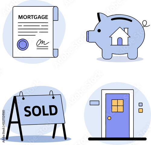 For sale house icons. Sold sign, front porch view, welcome message and exterior property presentation  