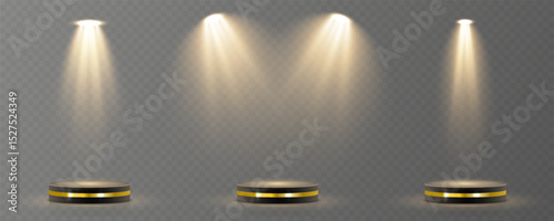 Light beam shines directly with elegant symmetry. Projector glow suits concert and spotlight vector. Transparent reflection adds realism to scene. Studio lighting helps isolate presentation element.