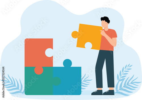 Business illustration set and Characters assembling jigsaw puzzle, moving chess figure and planning financial strategy to achieve business goals. Strategic management concept
