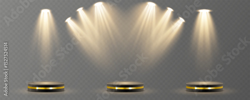 Light beam shines directly with elegant symmetry. Projector glow suits concert and spotlight vector. Transparent reflection adds realism to scene. Studio lighting helps isolate presentation element.
