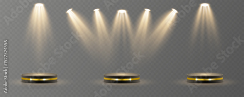 Bright light source cuts through dim background. Row of spotlights builds stage intensity quickly. Theatrical lighting forms cinematic composition. Soft shadows enhance abstract visual depth.