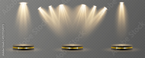 Light beam shines directly with elegant symmetry. Projector glow suits concert and spotlight vector. Transparent reflection adds realism to scene. Studio lighting helps isolate presentation element.