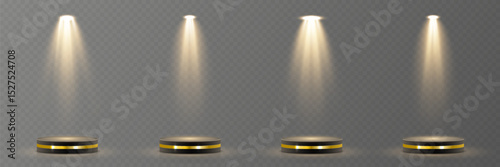 Spotlight beams form perfect circles on dark stage. Realistic light rays shine from high above. Stage lights cast dramatic shadows for theater. Focused projector adds depth to web layout.