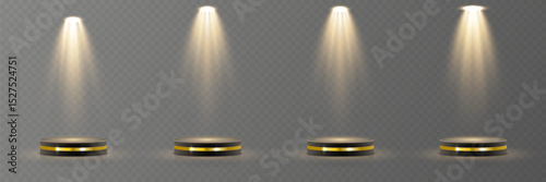 Spotlight beams form perfect circles on dark stage. Realistic light rays shine from high above. Stage lights cast dramatic shadows for theater. Focused projector adds depth to web layout.