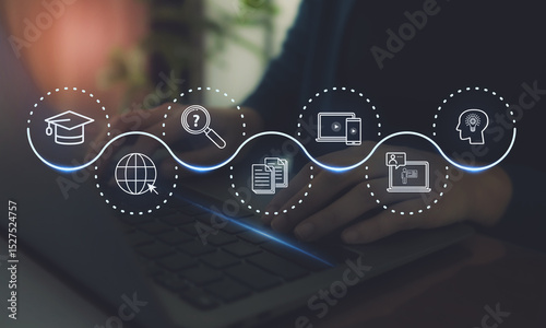 Online Education and E-Learning Concept. Interacts with virtual education icons on a digital interface, remote and online learning, digital training, webinars on the internet for personal development.
