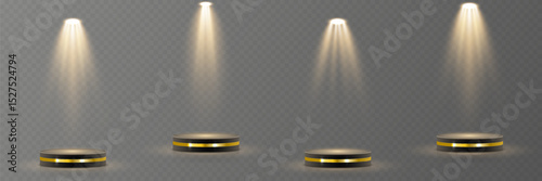 Spotlight beams form perfect circles on dark stage. Realistic light rays shine from high above. Stage lights cast dramatic shadows for theater. Focused projector adds depth to web layout.