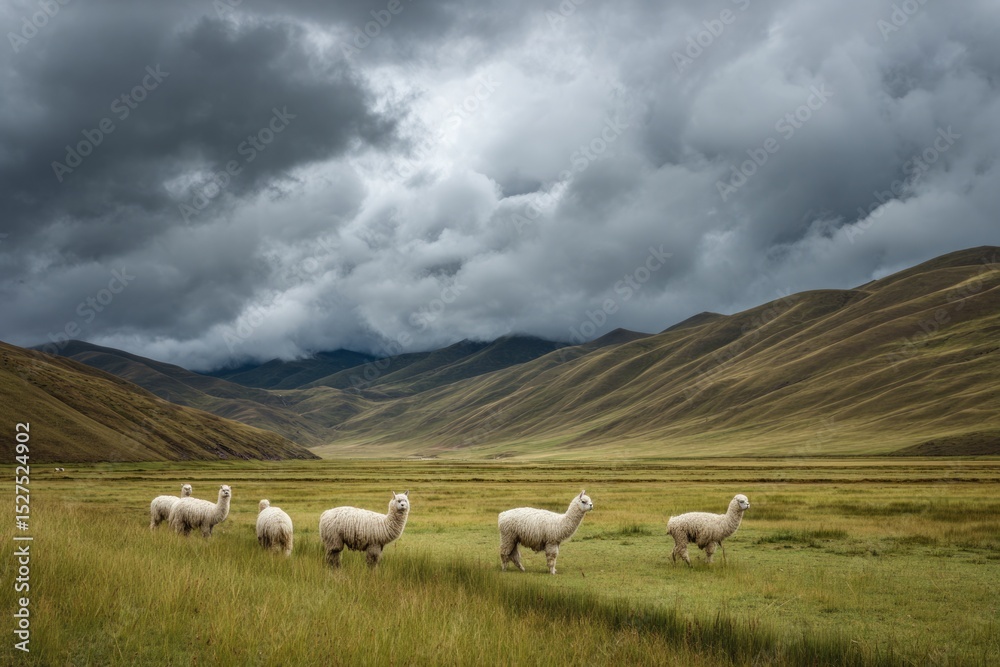 Fototapeta premium A group of llamas grazing peacefully on green hills under a dramatic cloudy sky, panoramic view,