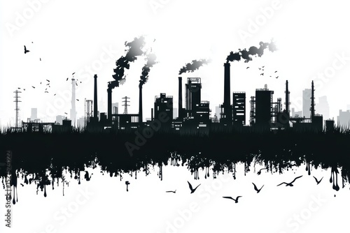 Industrial landscape with smoke and pollution rising against a gray sky during the day in a cityscape depicting environmental concerns and economic activity