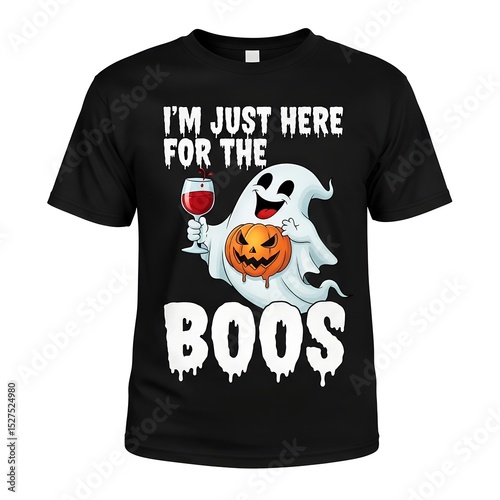 Funny halloween design on black tshirt featuring a ghost holding a wine glass with jack o lantern