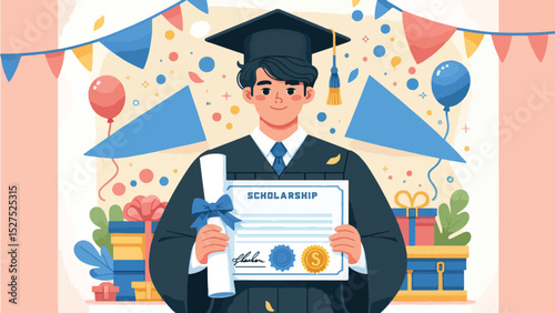 Graduate with Scholarship Award, A graduate holding a scholarship certificate or award plaque with pride, wearing a graduation cap and gown 