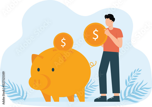 Donating money and Volunteers collecting and putting coins in a piggy bank. Financial support and fundraising concept.
