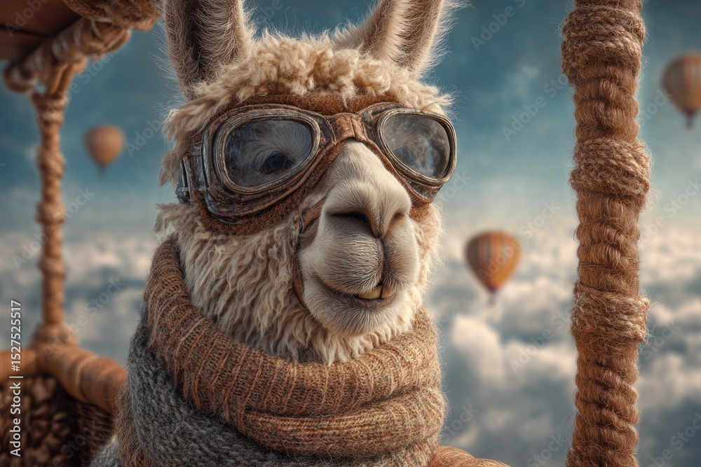 Obraz premium A whimsical scene of a llama wearing aviator goggles and a scarf, riding in a vintage hot air balloon