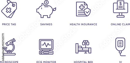Essential Healthcare Icons Savings, Insurance, Online Claims, Medical Equipment, and More