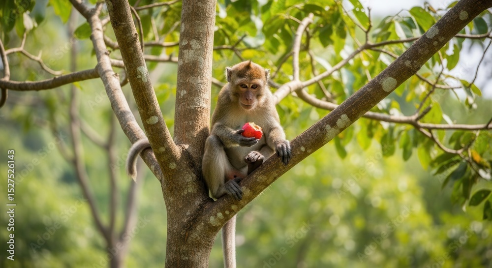 Fototapeta premium Monkey enjoying red fruit on tree branch