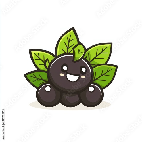 Cute cartoon depiction of a group of dark purple berries with large green leaves