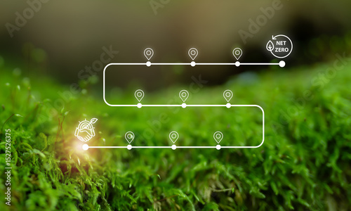 Journey and green roadmap to Net Zero concept. Sustainability roadmap illustration showing progress points toward achieving net zero, symbolizing environmental commitment and ecological responsibility