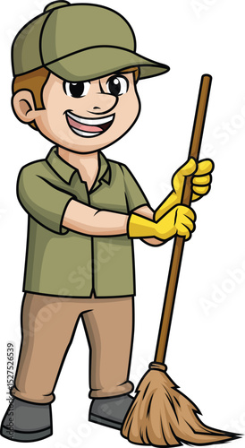 Man Sweeping The Floor With Broom Vector Image