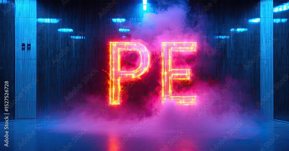Naklejka premium Bright neon letters PE illuminate smoky room. Blue lighting creates dramatic, futuristic atmosphere. Minimalist design emphasizes bold typography.